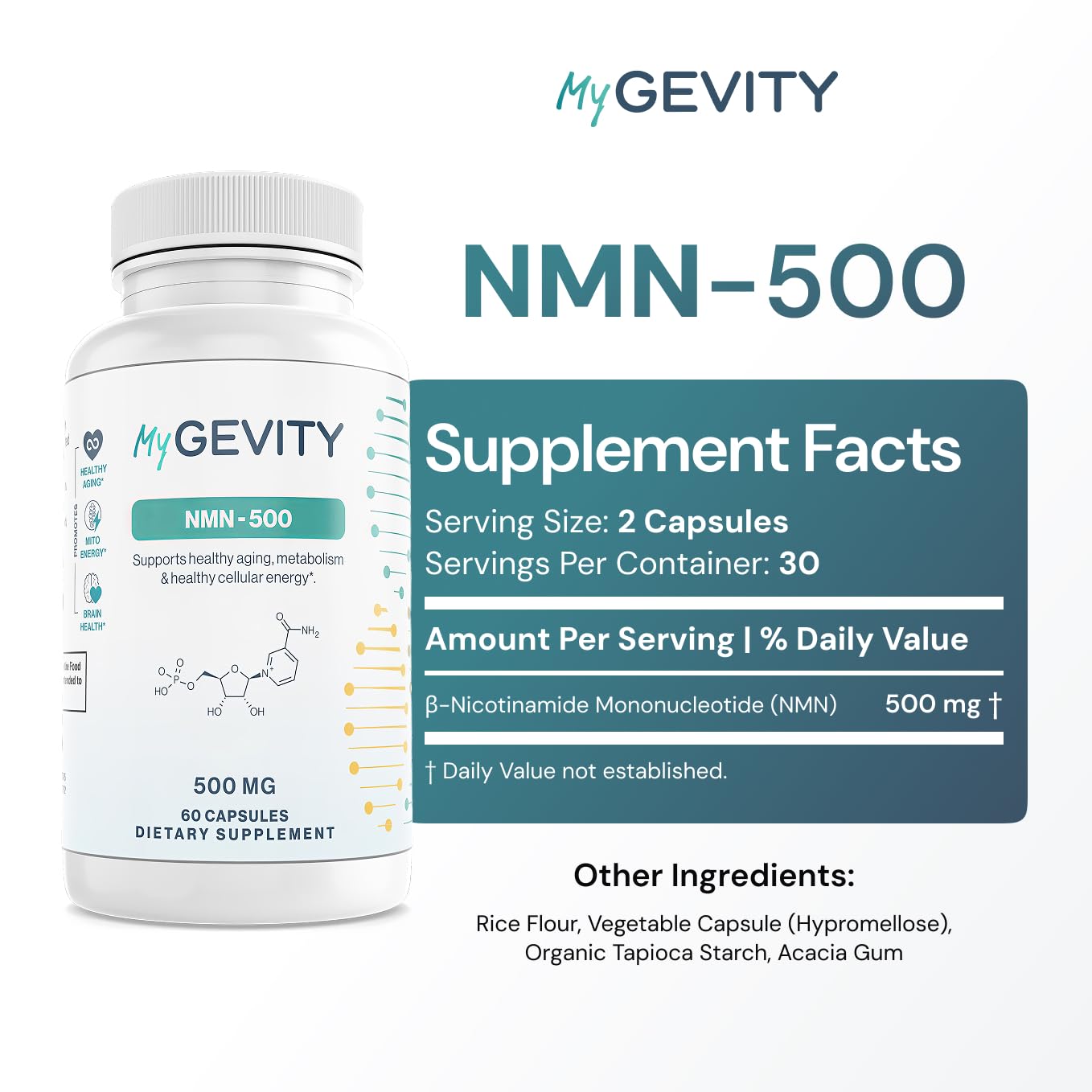 MyGevity NMN capsules closeup shows easy to swallow form