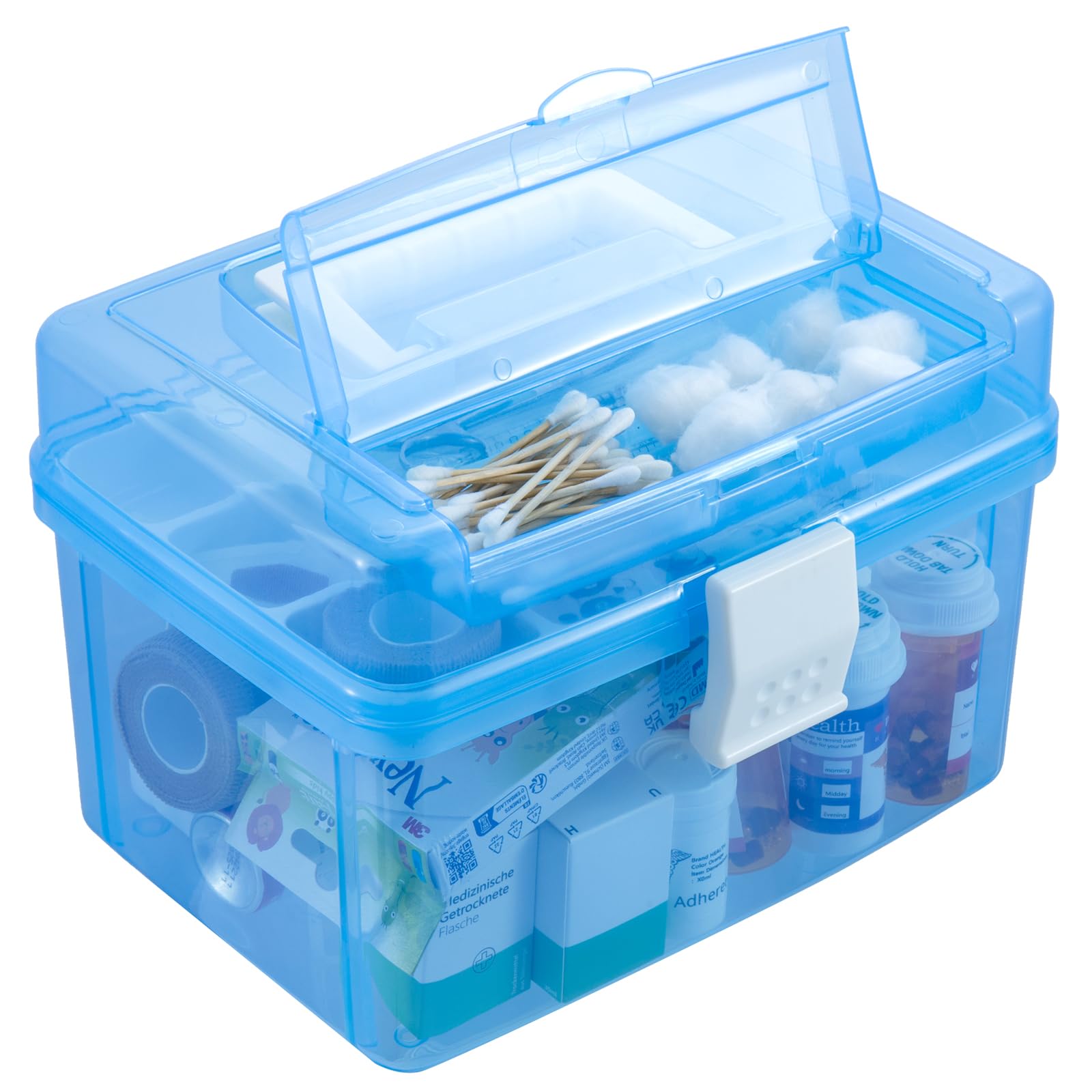 MyGift 10-inch first aid bin in transparent blue with cover for organized storage.