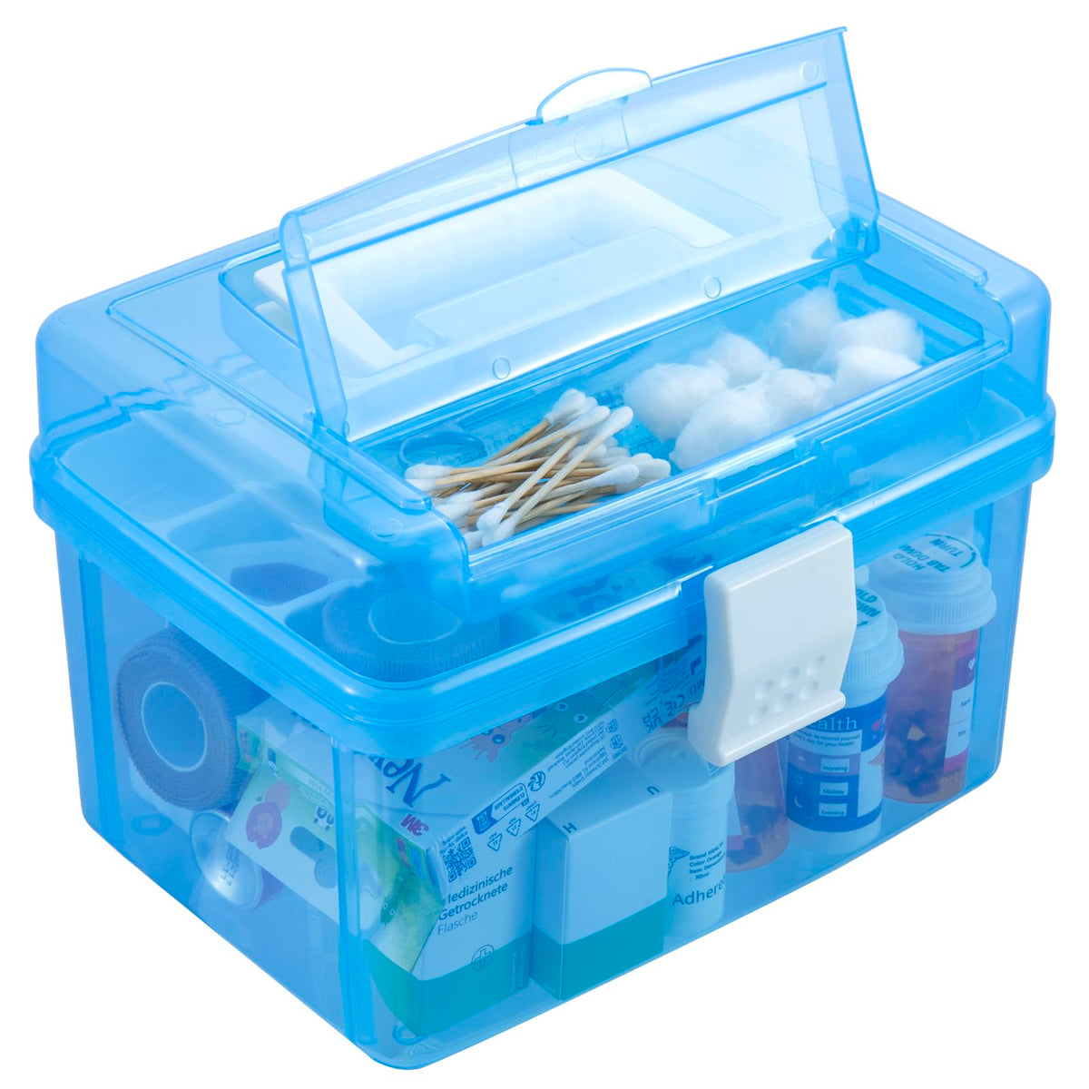 MyGift 10-inch first aid bin in transparent blue with cover for organized storage.