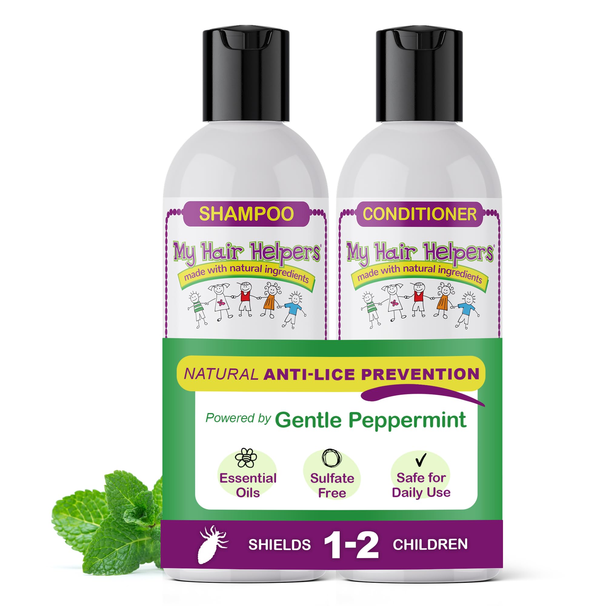 My Hair Helpers Lice Defense Shampoo bottle with peppermint scent for daily refreshing cleansing