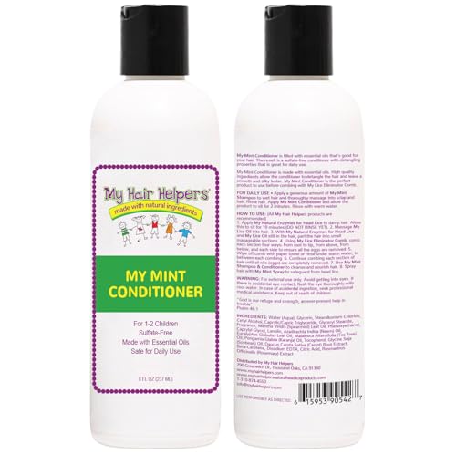 My Hair Helpers peppermint label close-up showing mint-driven approach to deter lice