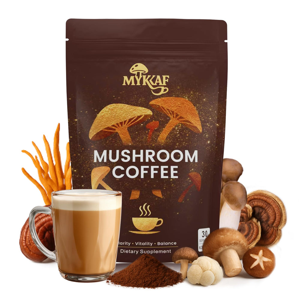 MYKAF Mushroom Coffee 6-mushrooms blend pack highlighting balanced energy.