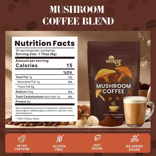 MYKAF Mushroom Coffee cup steaming visual showing steady focus.