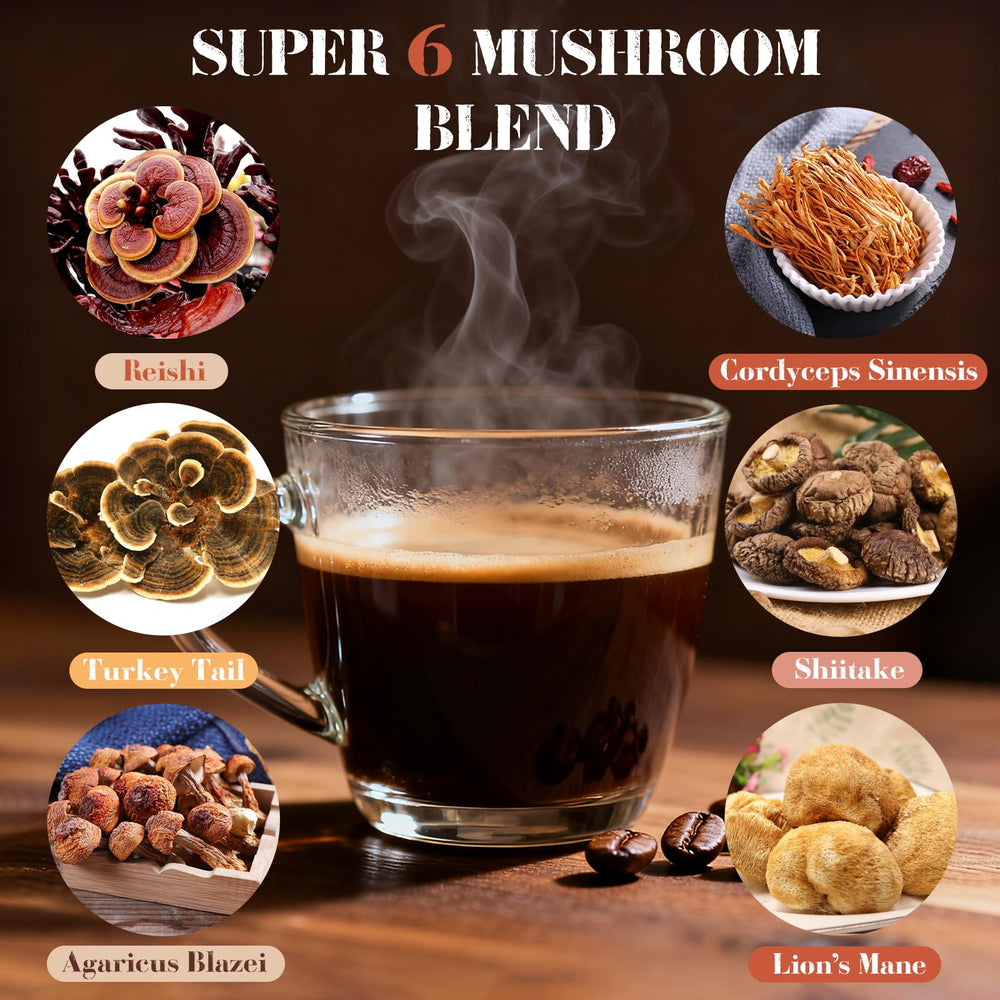 MYKAF Mushroom Coffee packaging emphasizes organic, plant-based ingredients and simple use.