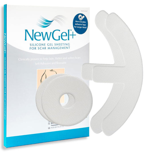 MyNewGel advanced silicone scar sheets in clear packaging for discreet scar care.