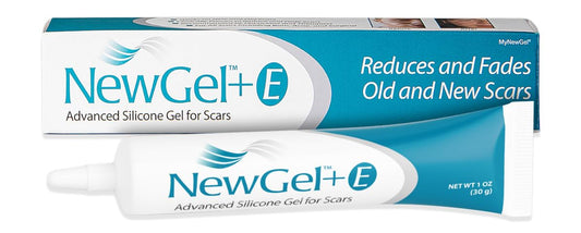 MyNewGel NewGel Plus Scar Gel bottle shown for at-home scar care.