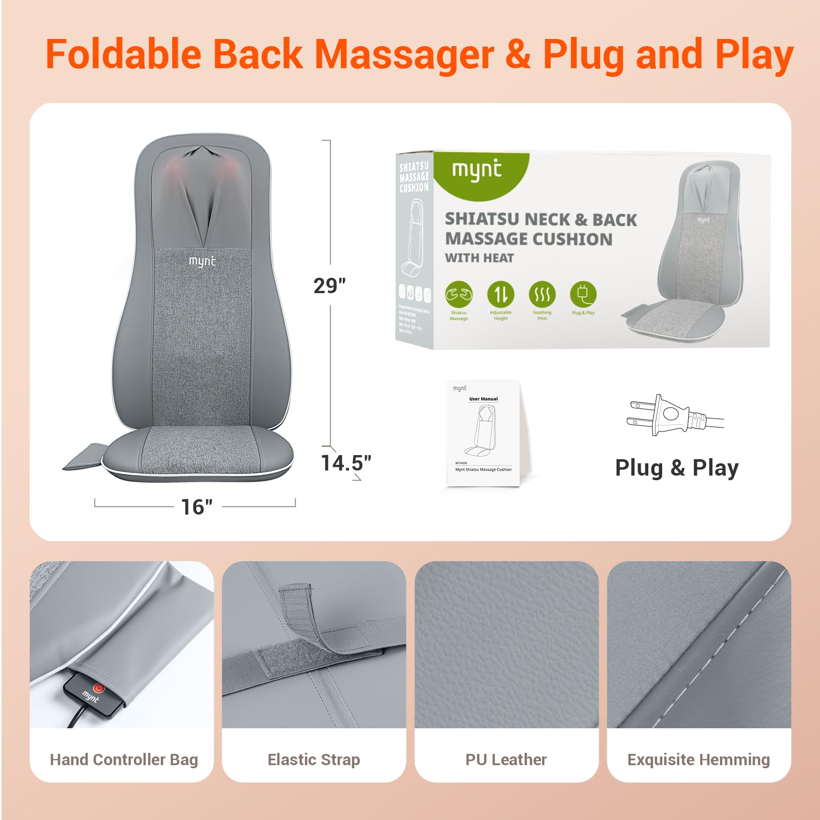Elastic strap secures the Mynt massager to chairs for stable use.