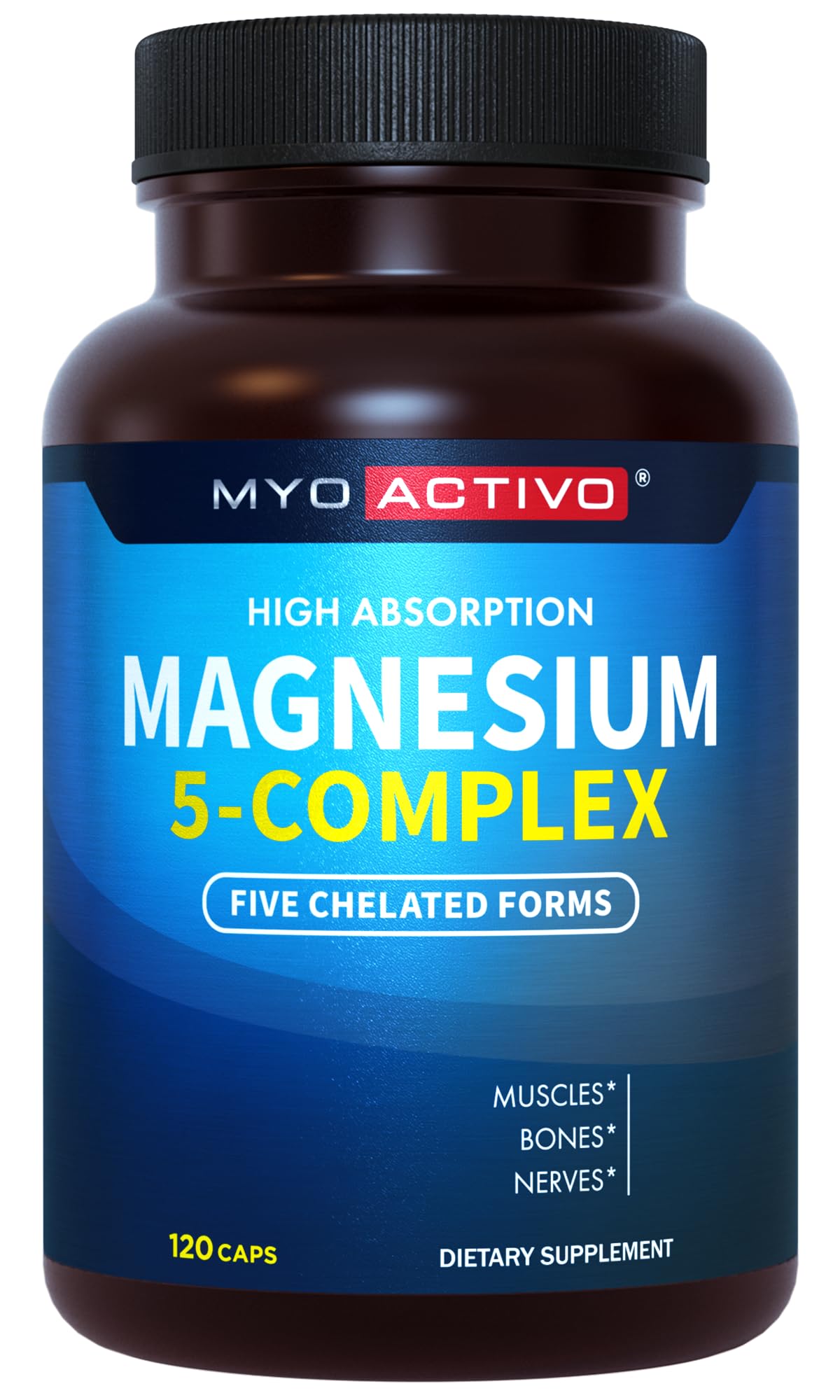 MyoActivo 5-in-1 magnesium bottle showing high-absorption formula for daily support.