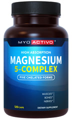 MyoActivo 5-in-1 magnesium bottle showing high-absorption formula for daily support.