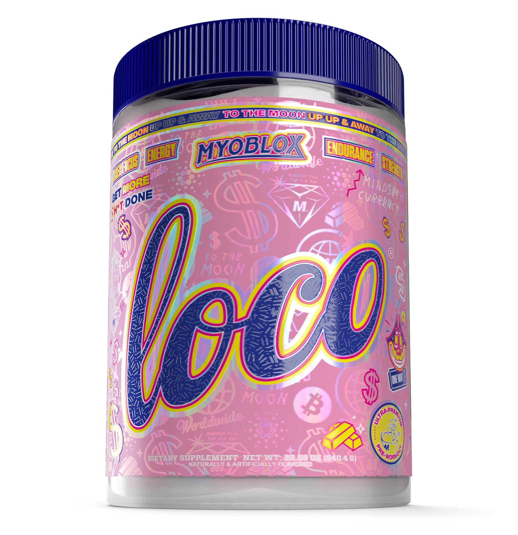 MyoBlox LOCO pre-workout bottle view highlighting hydration-ready formula for intense training.