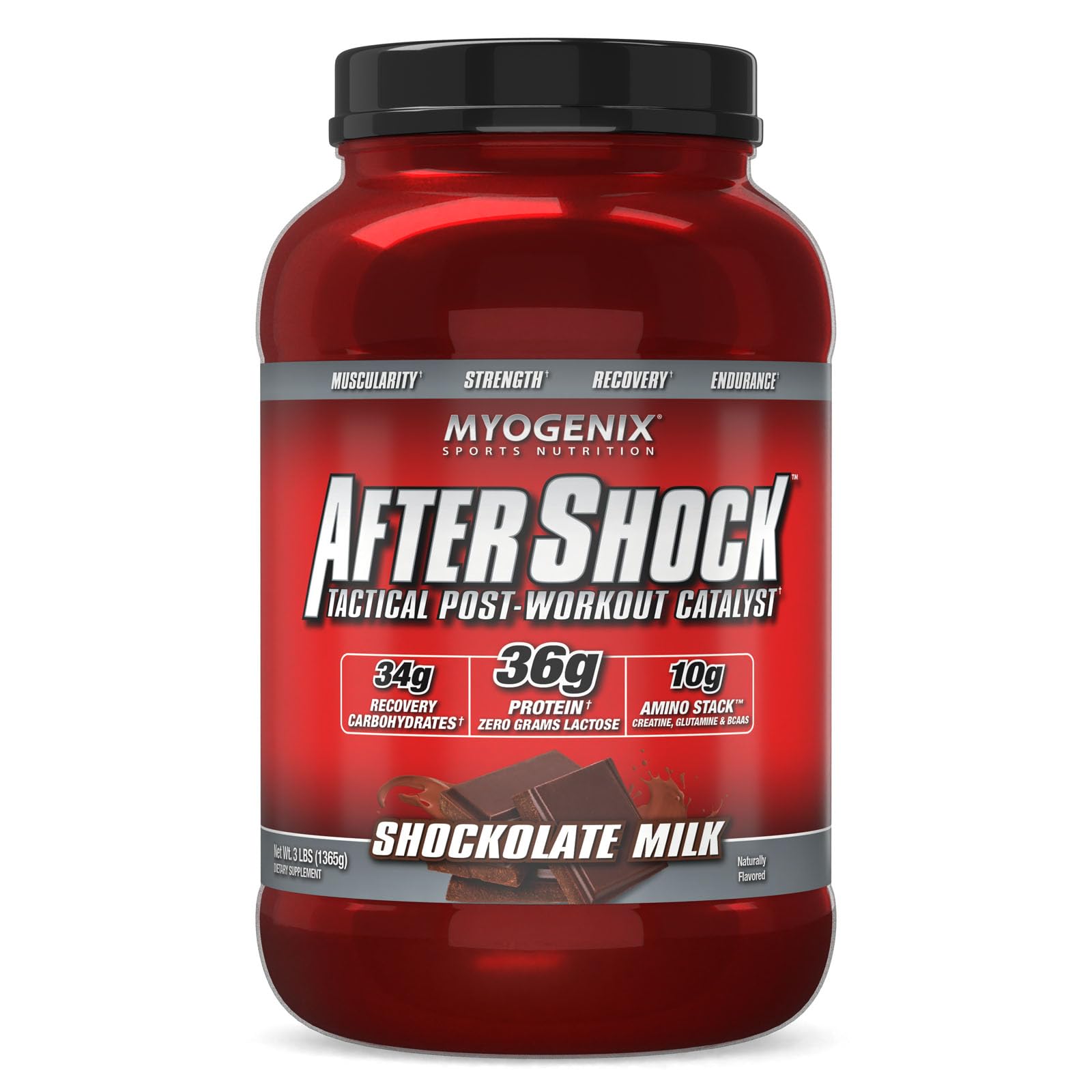 Myogenix Aftershock bottle front view for post-workout recovery.