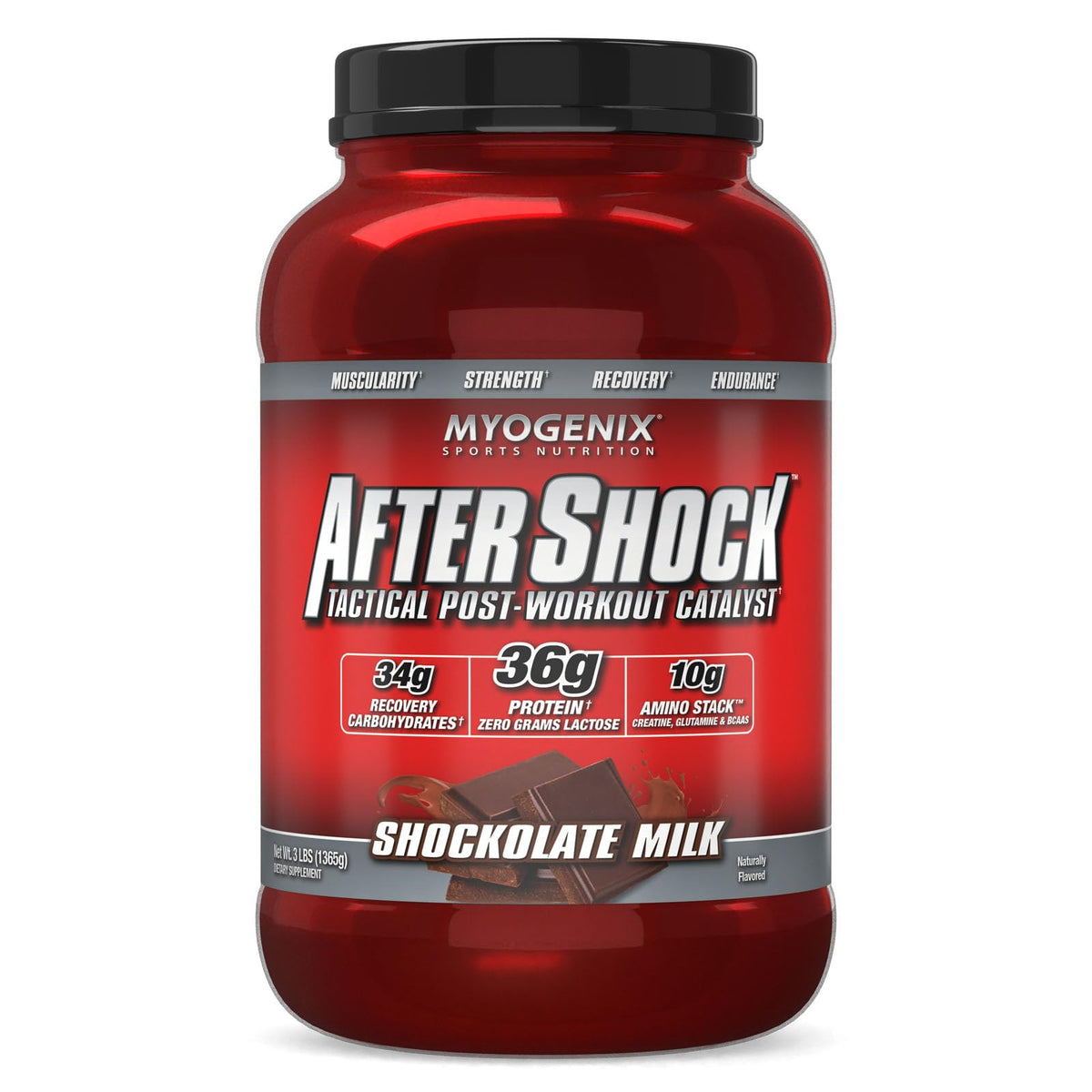 Myogenix Aftershock bottle front view for post-workout recovery.