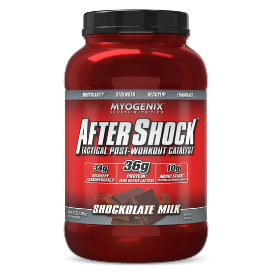 Myogenix Aftershock bottle front view for post-workout recovery.