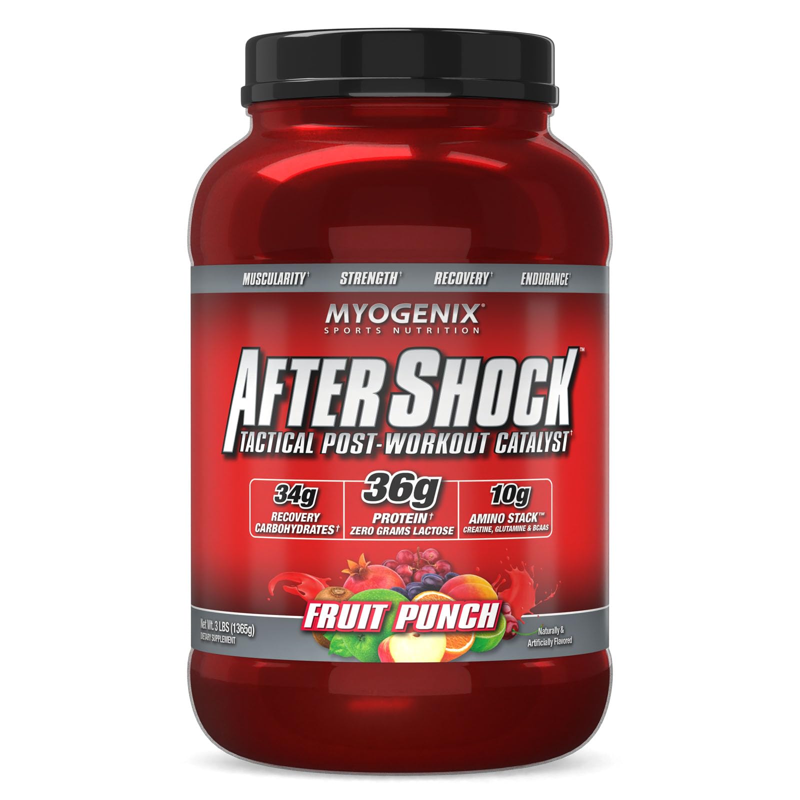 Myogenix Aftershock bottle with pour demonstrating post-workout recovery potential