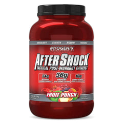 Myogenix Aftershock bottle with pour demonstrating post-workout recovery potential