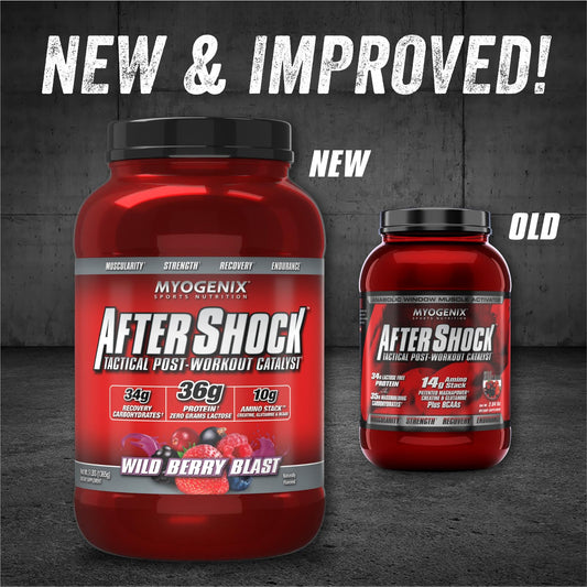Close-up of Aftershock label showing the 1:1 protein-to-carb ratio.
