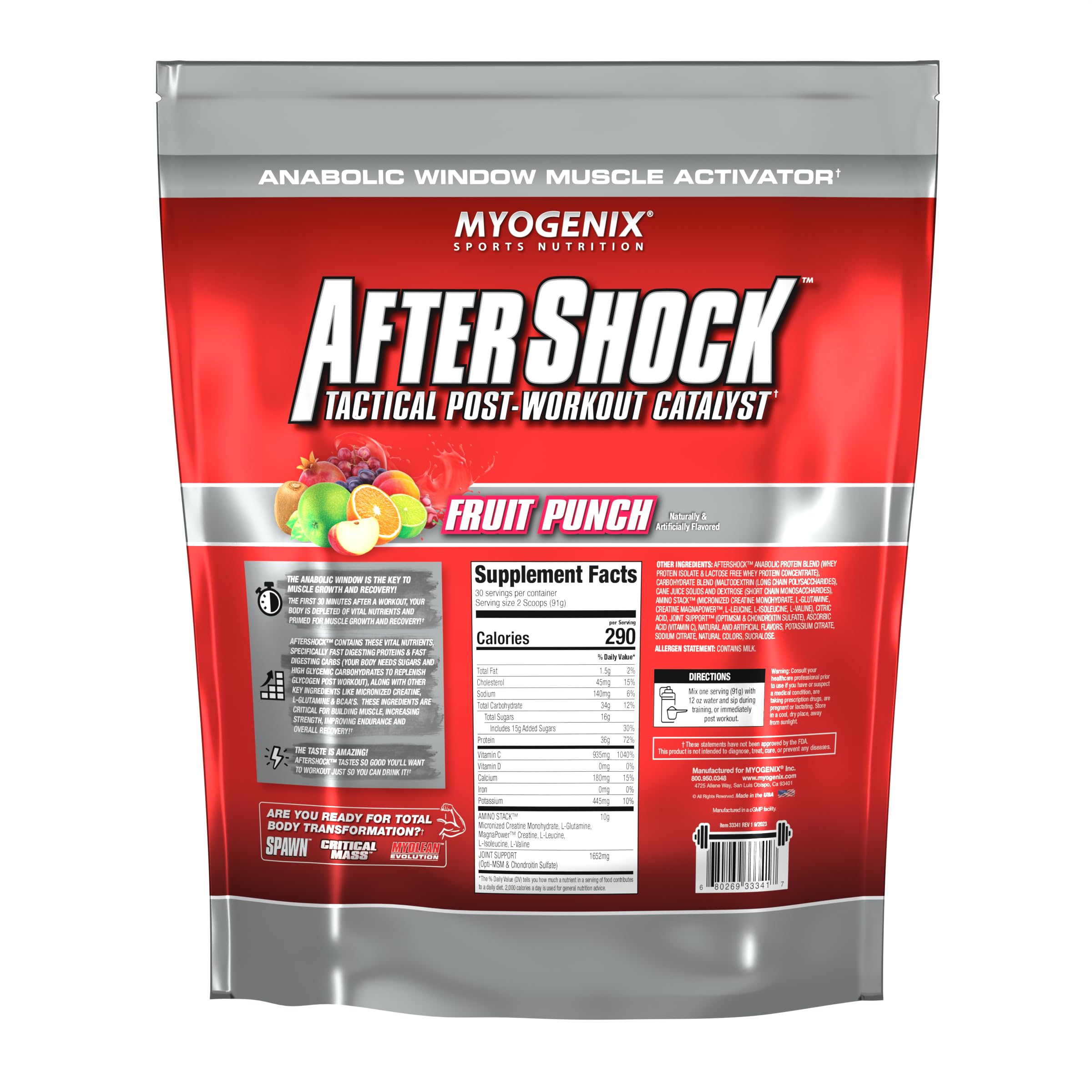 Myogenix Aftershock measuring scoop beside tub for easy pre- or post-workout prep