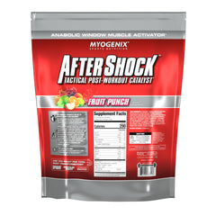 Myogenix Aftershock measuring scoop beside tub for easy pre- or post-workout prep