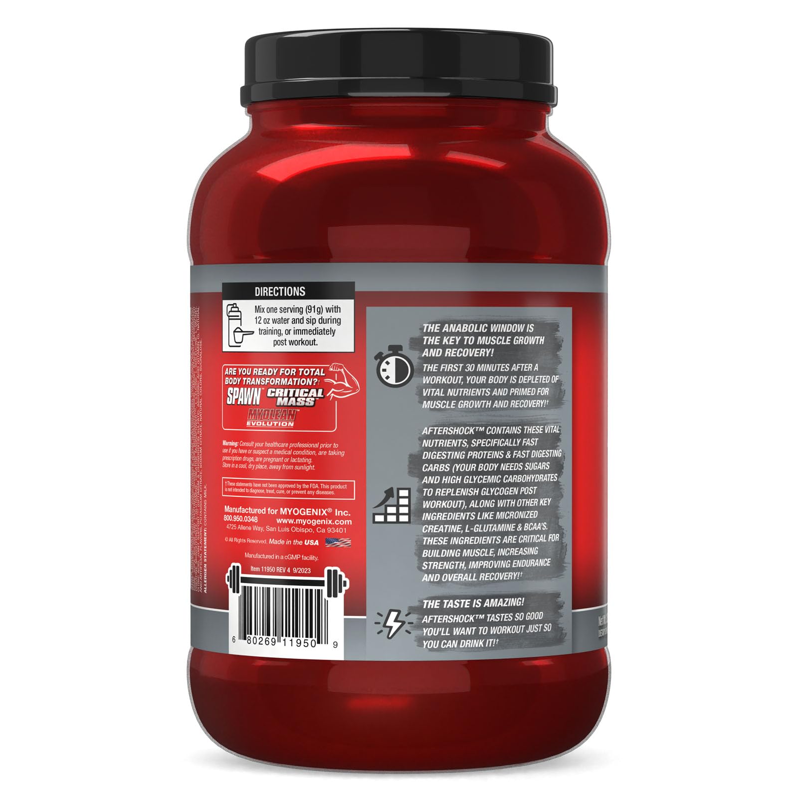 Myogenix Aftershock nutrition panel providing ingredient transparency