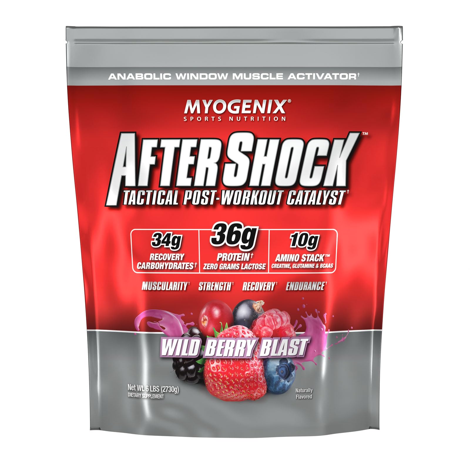 Myogenix Aftershock front label in Wildberry Blast flavor for post-workout fueling.