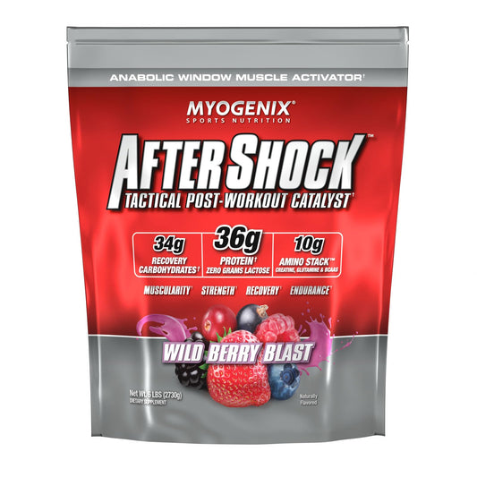 Myogenix Aftershock front label in Wildberry Blast flavor for post-workout fueling.