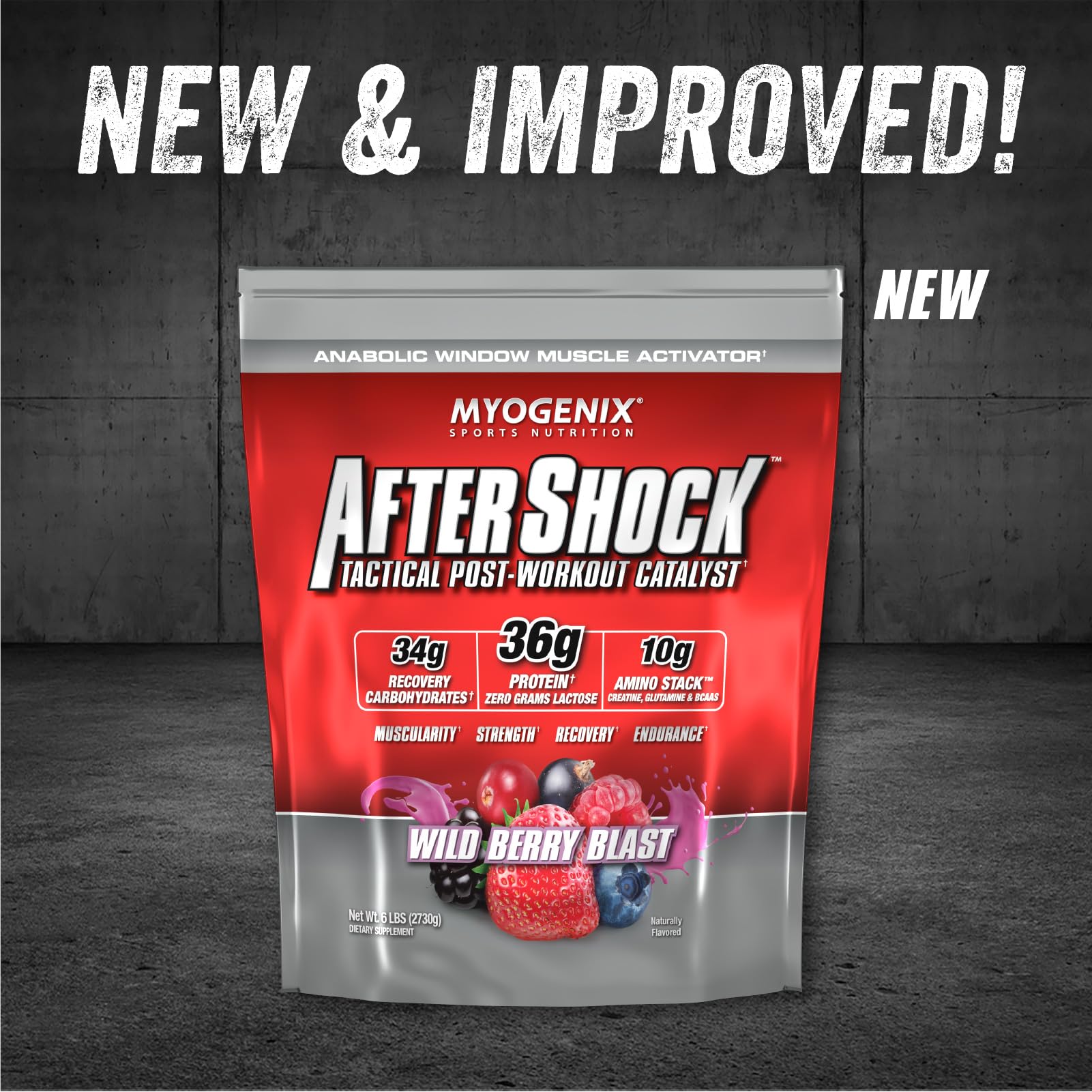Myogenix Aftershock scoop showing powder texture for quick mixing after training.