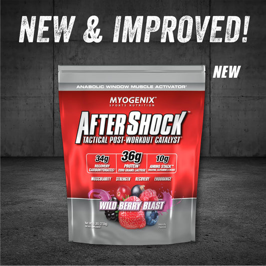 Myogenix Aftershock scoop showing powder texture for quick mixing after training.