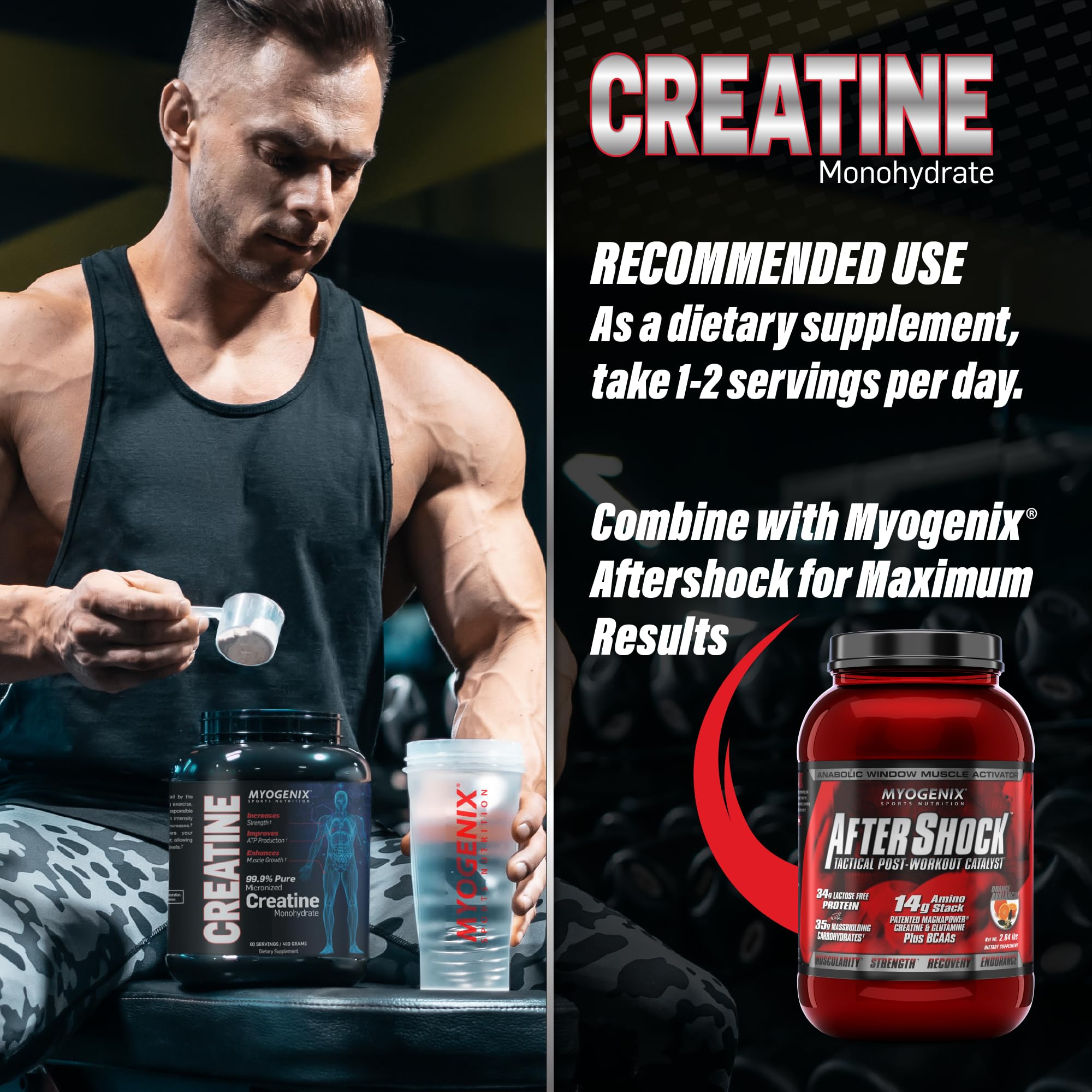 Myogenix Creatine Monohydrate label front highlighting USA-made quality