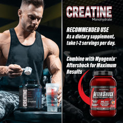 Myogenix Creatine Monohydrate label front highlighting USA-made quality