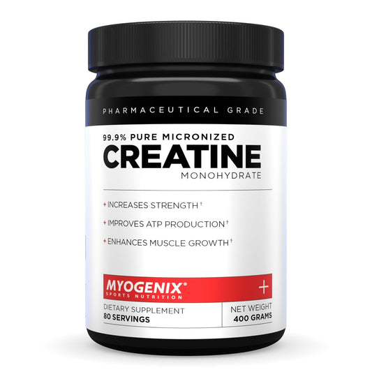 Myogenix Creatine Monohydrate tub close-up showing pure formulation for strength support