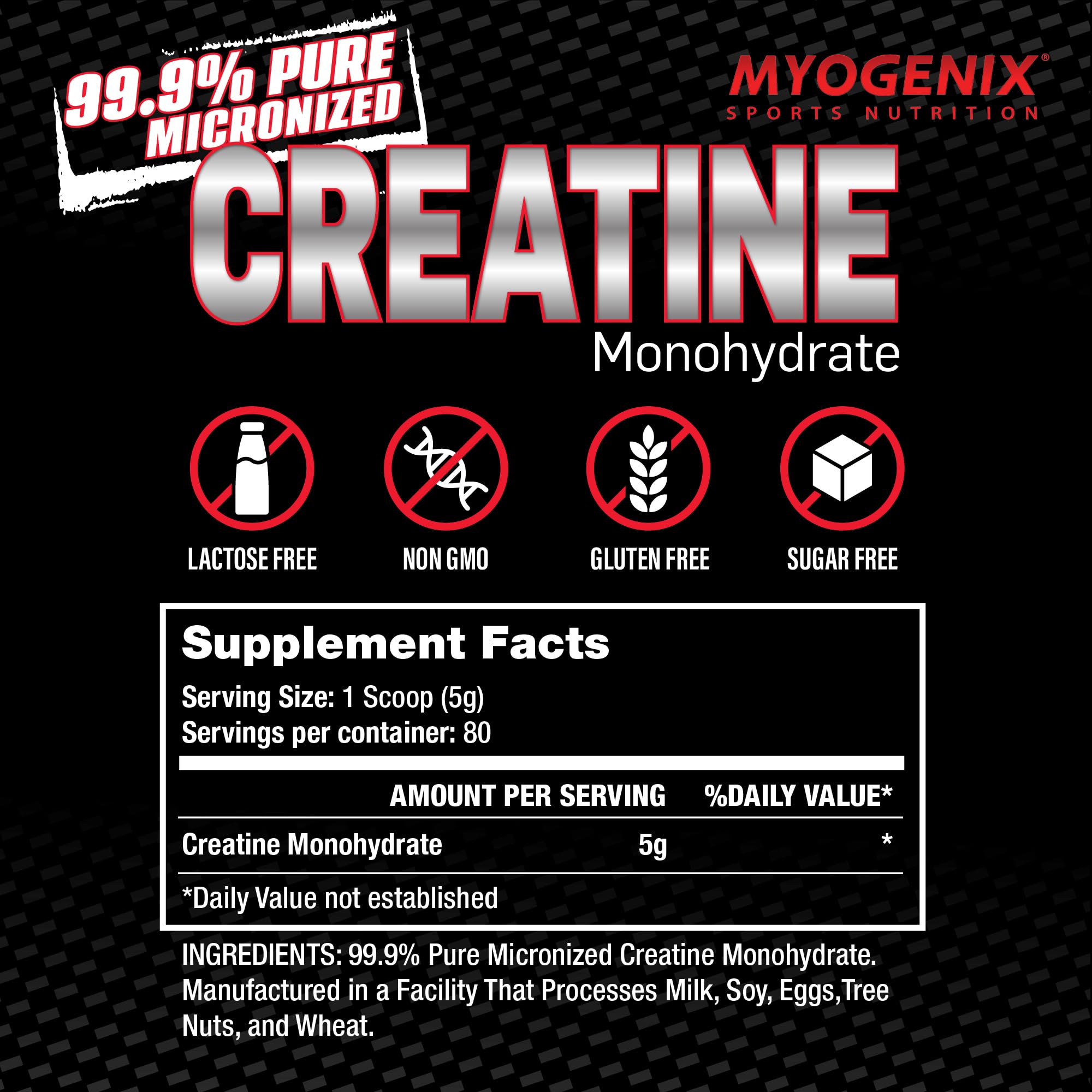 Myogenix Creatine Monohydrate tub on a shelf showcasing unflavored versatility