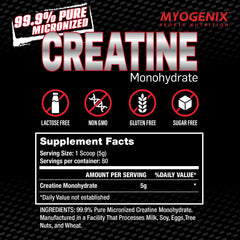 Myogenix Creatine Monohydrate tub on a shelf showcasing unflavored versatility