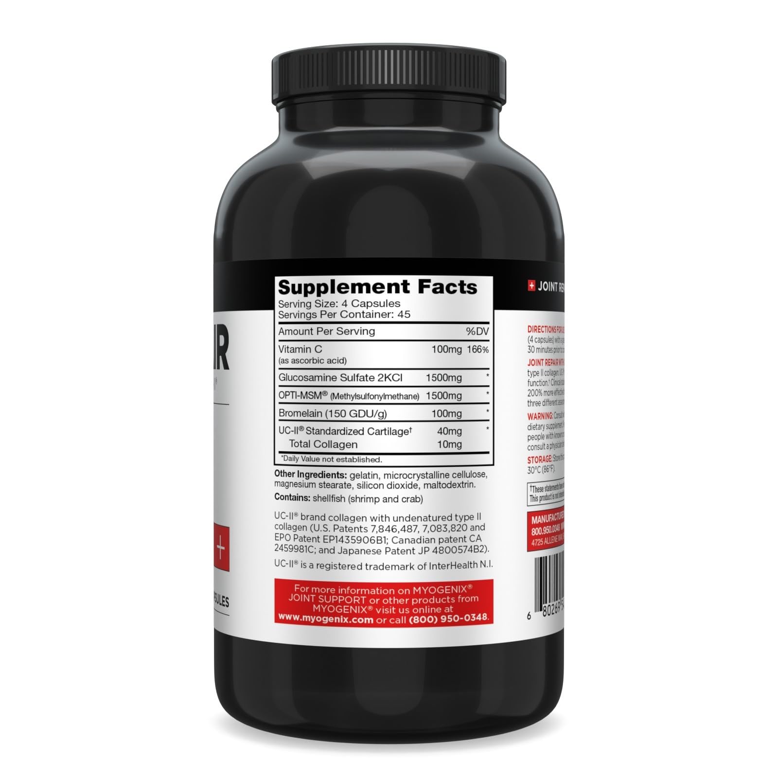 Close-up of Myogenix Joint and Tissue label highlighting UC-II and MSM benefits for joints.