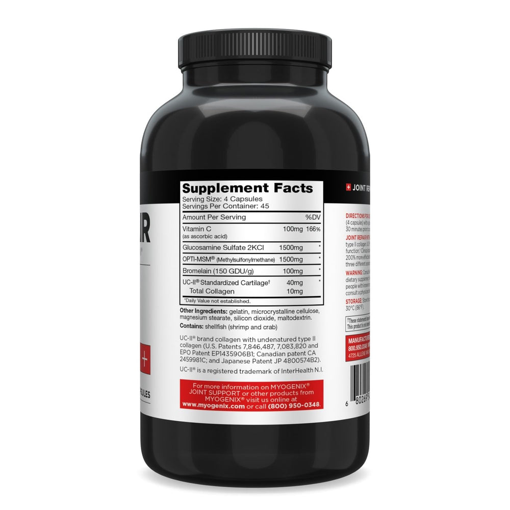 Close-up of Myogenix Joint and Tissue label highlighting UC-II and MSM benefits for joints.