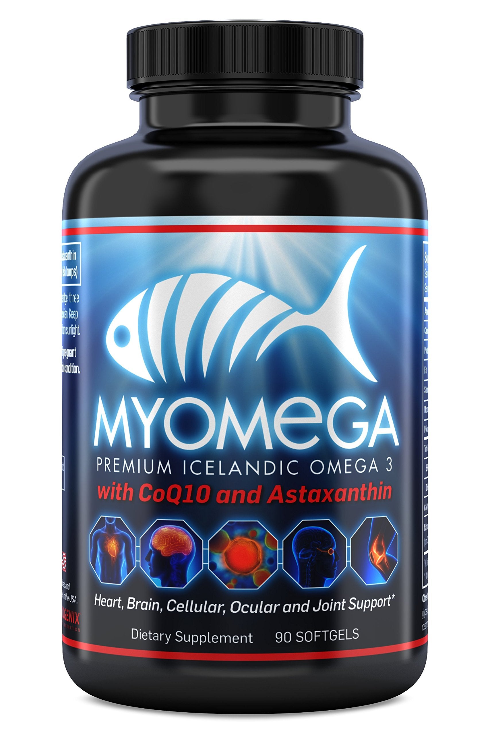 Myogenix Myomega bottle front highlights premium Icelandic omega-3 for overall wellness