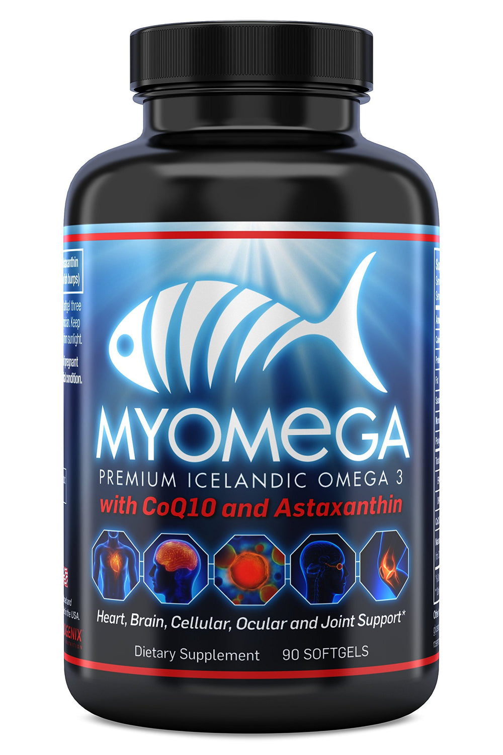 Myogenix Myomega bottle front highlights premium Icelandic omega-3 for overall wellness