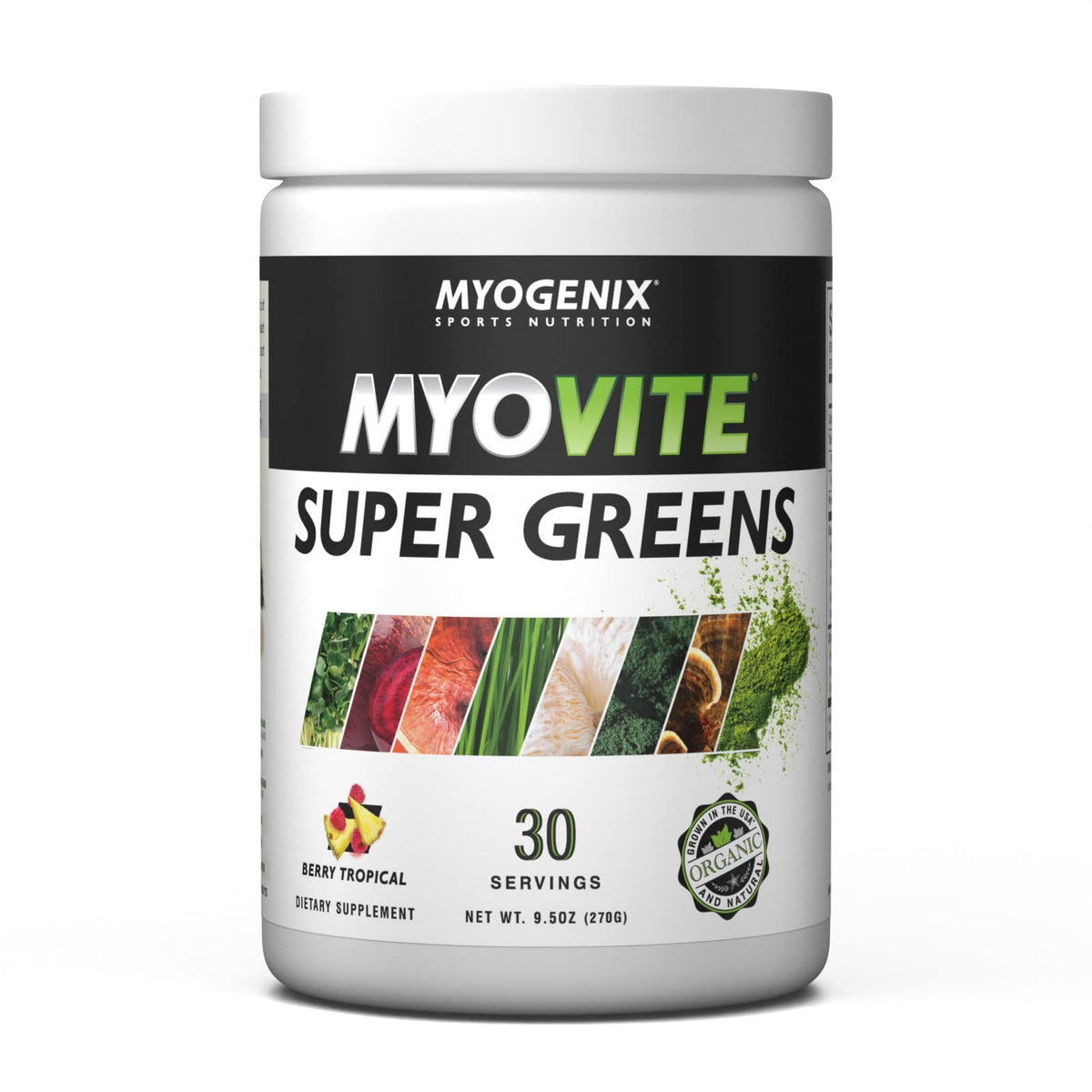 Myogenix MyoVite Super Greens bottle on a kitchen counter, supporting daily digestion.