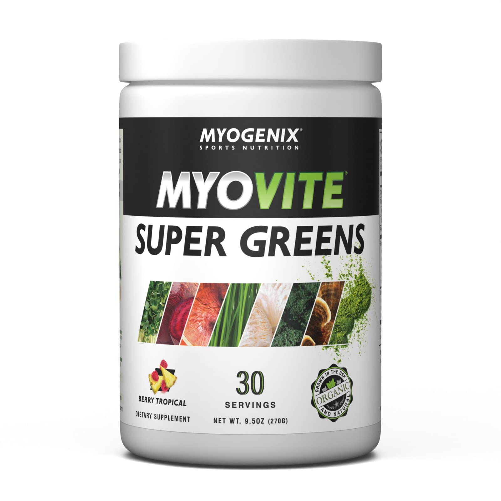 USA-grown badge on Myogenix MyoVite Super Greens packaging.