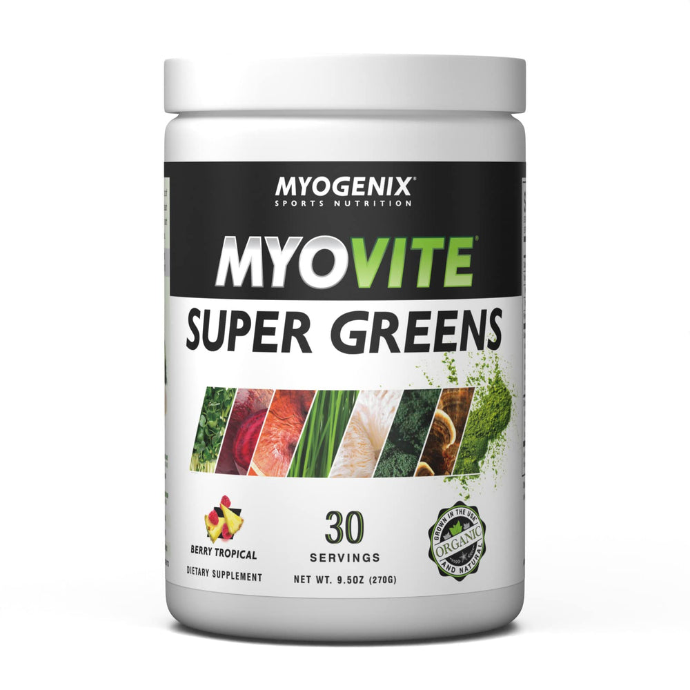 USA-grown badge on Myogenix MyoVite Super Greens packaging.
