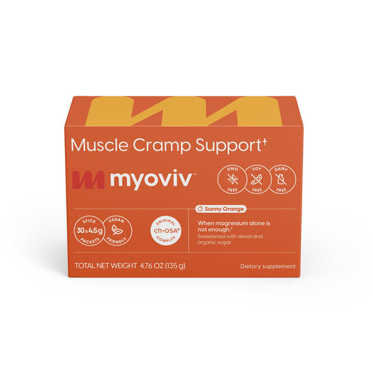 MYOVIV sunny orange packets for convenient daily cramps support on the go.