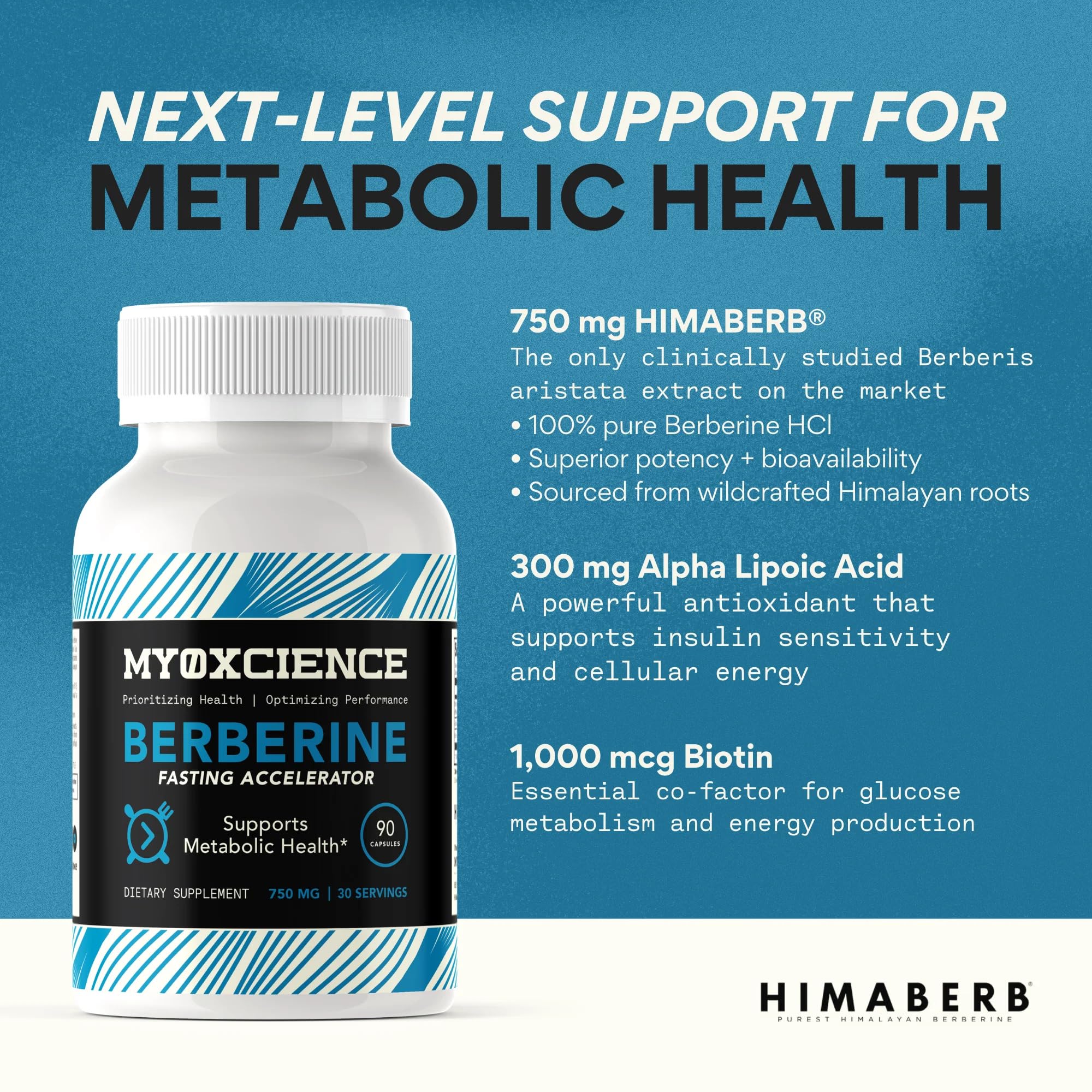 MYOXCIENCE Berberine Fasting Accelerator ingredient panel with HIMABERB, ALA and Biotin