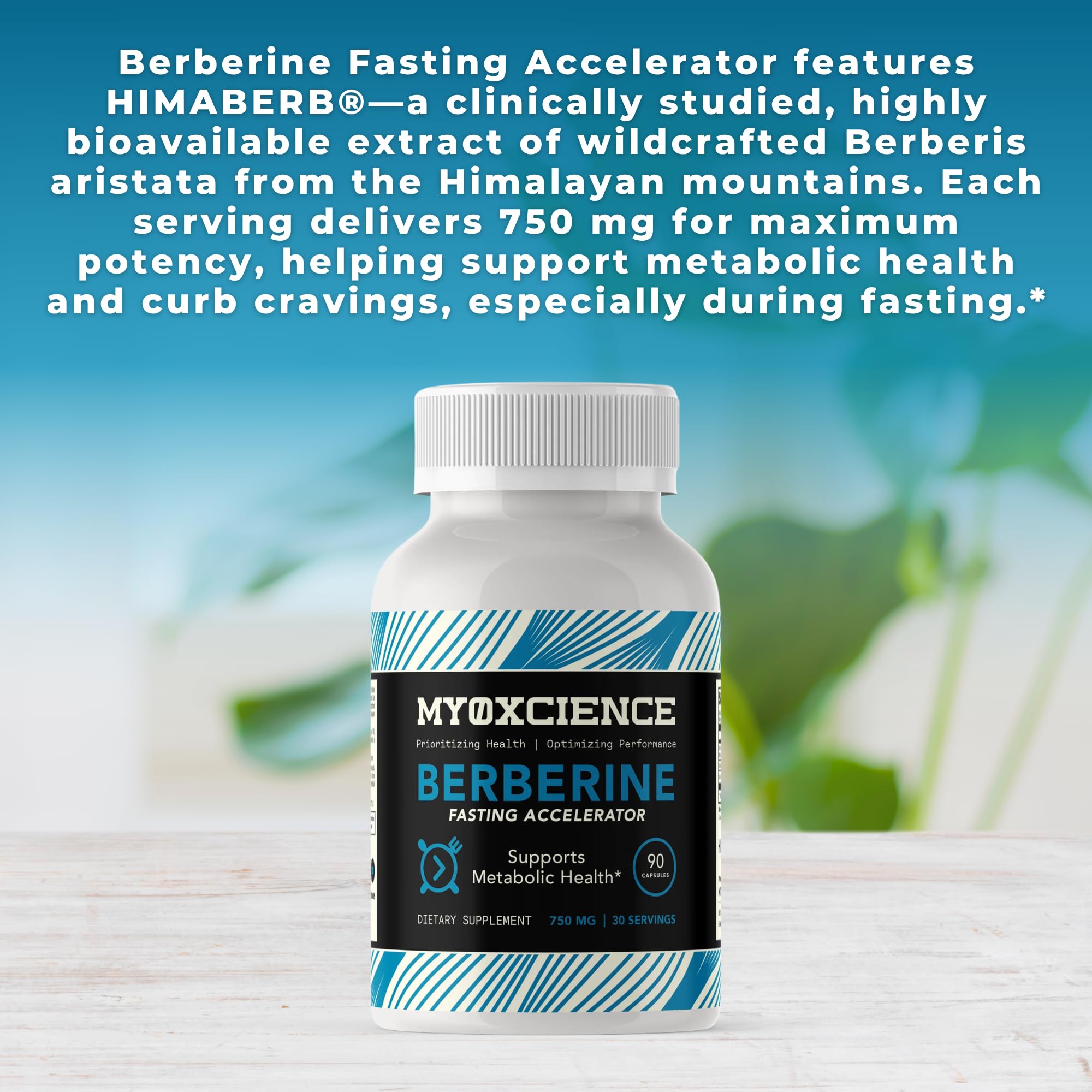 MYOXCIENCE Berberine Fasting Accelerator packaging featuring 90 capsules and quality manufacturing