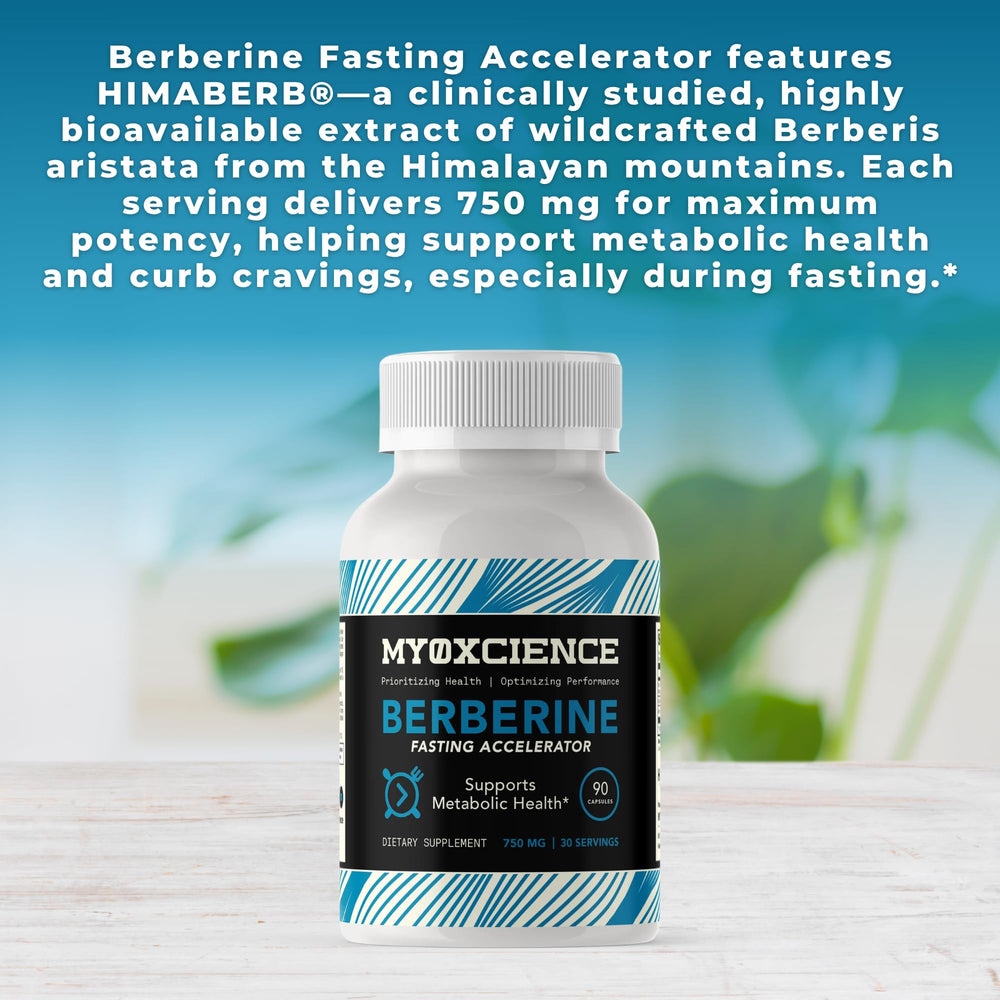 MYOXCIENCE Berberine Fasting Accelerator packaging featuring 90 capsules and quality manufacturing