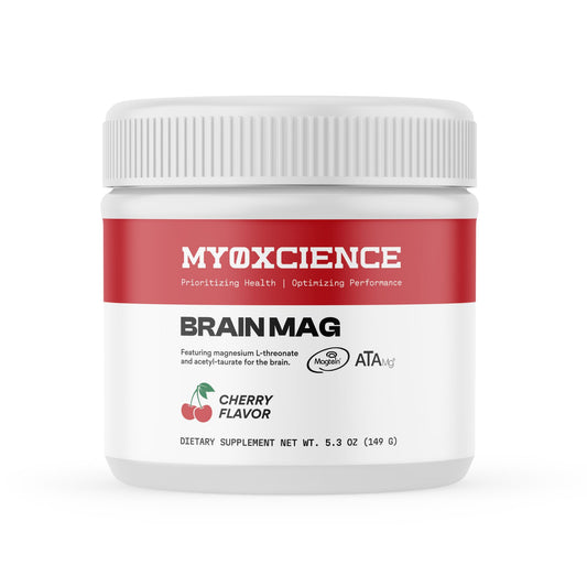 MYOXCIENCE BrainMagtein bottle with cherry label supports cognitive function.