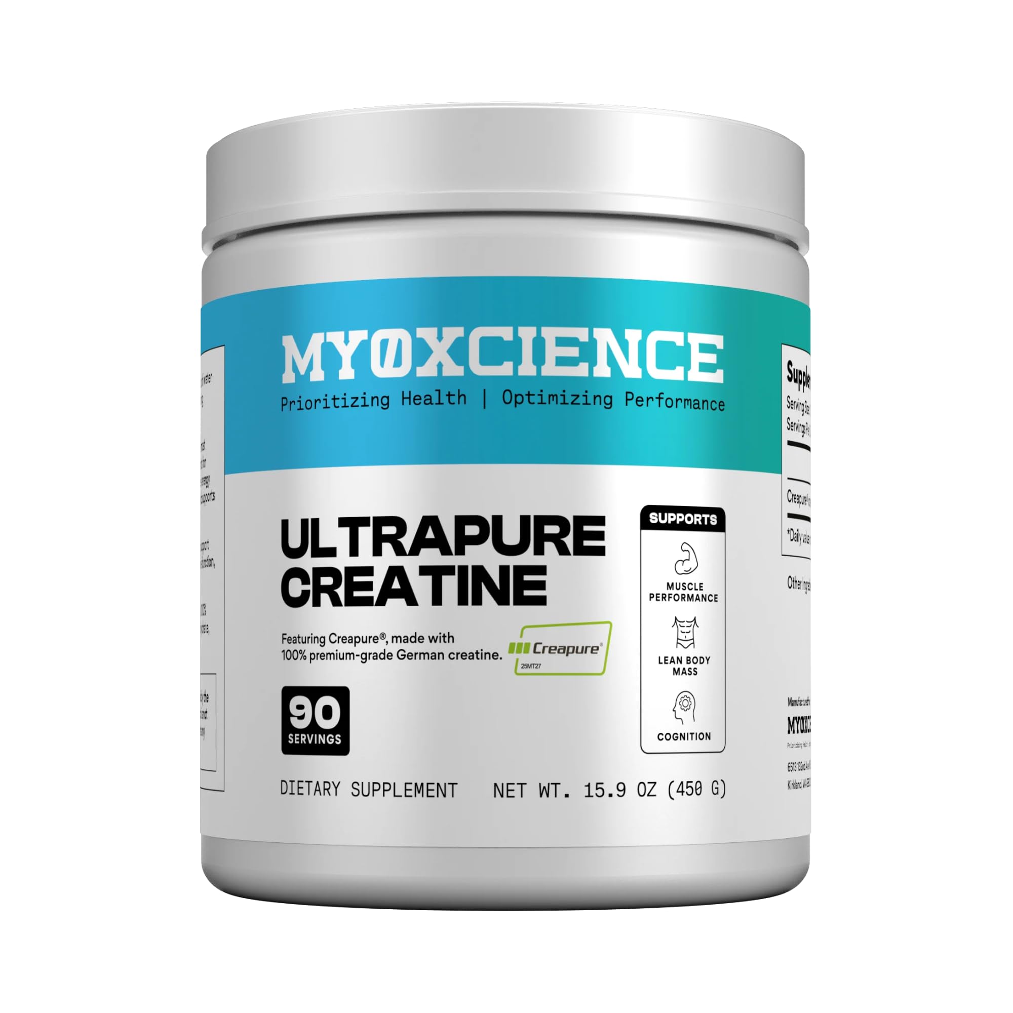 MYOXCIENCE Creapure Creatine jar front, premium formula for workouts