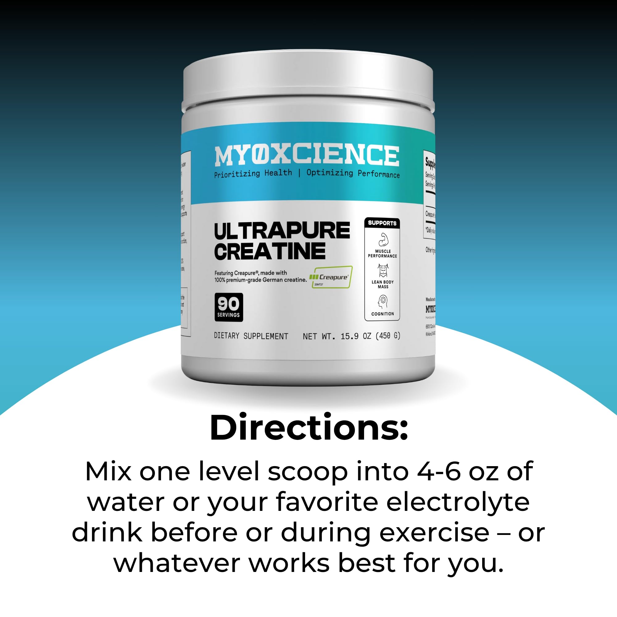 MYOXCIENCE Creapure Creatine jar packaging with tamper seal visible