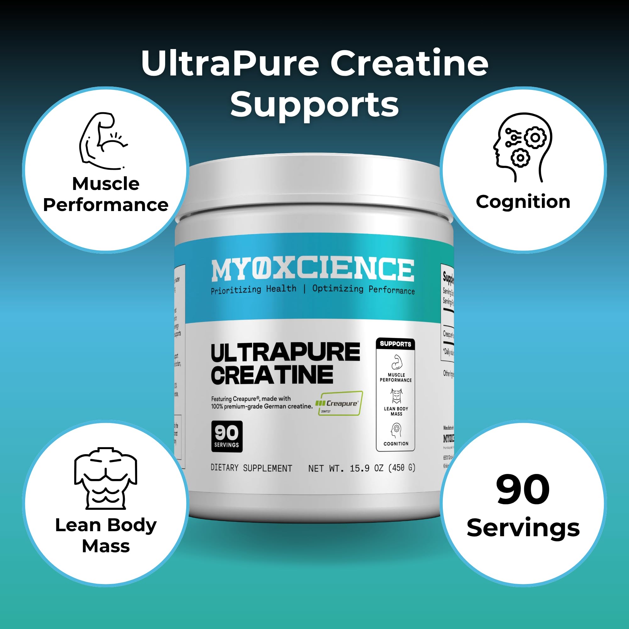 Label back of MYOXCIENCE Creapure Creatine with quality assurances