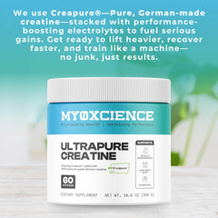 MYOXCIENCE Creapure Creatine Monohydrate powder ready to mix in a glass.