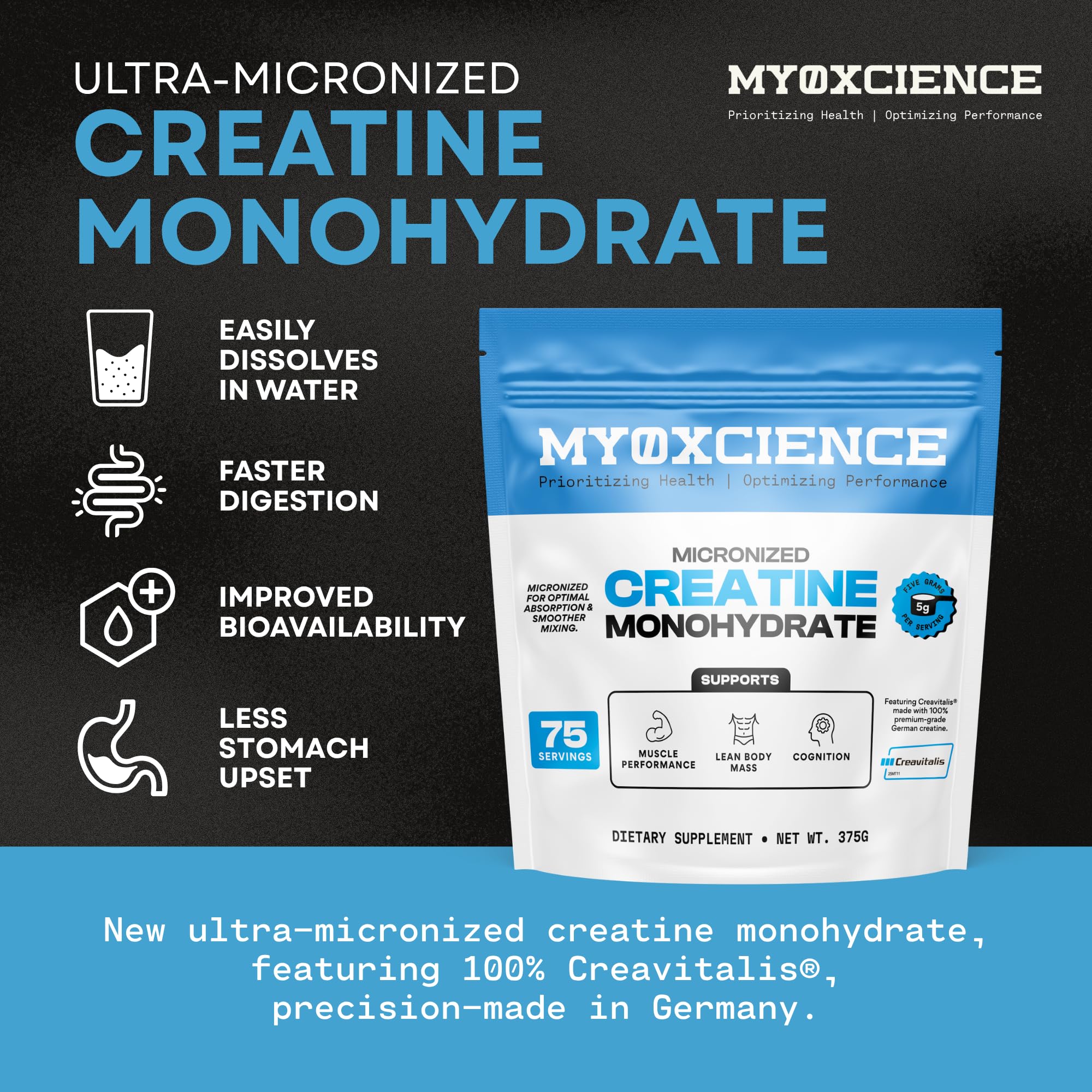 MYOXCIENCE Creavitalis micronized creatine dissolving quickly for smoother hydration.