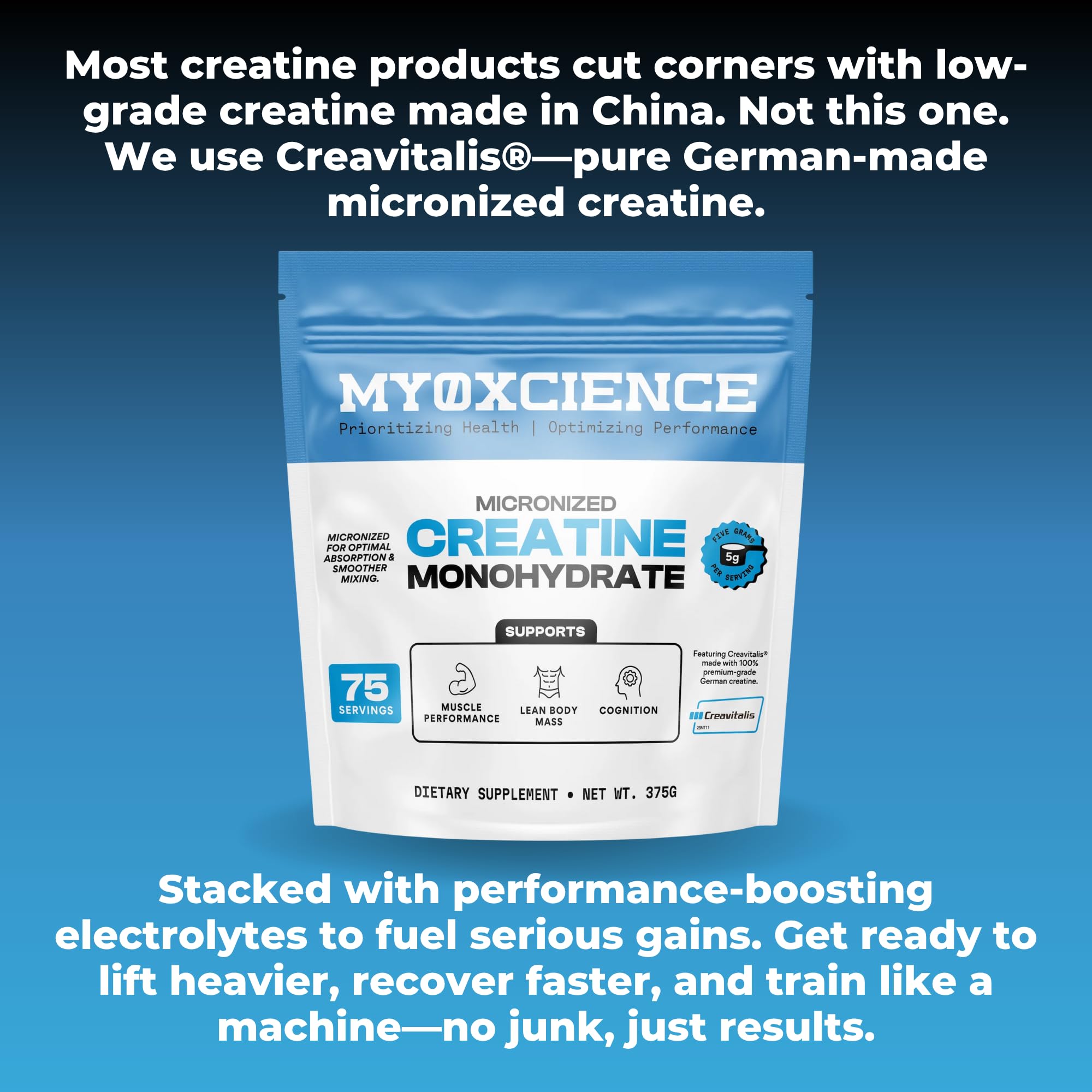 MYOXCIENCE Creavitalis Creatine in workout scene bottle beside gym gear.